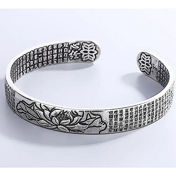 Unisex‎ Lotus Heart Sutra 999 Silver Cuff Bracelet, Size Adjustable - Picture 12 of 12